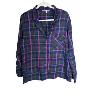 Victoria's Secret Women Sz L Plaid Button Up Pajama Shirt Long Sleeve Multicolor